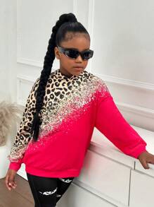 Ensemble sweat-shirt à capuche léopard brillant rose vif et leggings usés, décontractée pour filles pré-adolescentes. Convient pour le port quotidien en automne/hiver