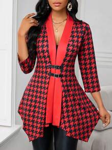 SHEIN Lady Red And Black Houndstooth Print Cardigan,Women's Elegant Office Coat With Metal Buckle & Mid-Length Sleeves,Asymmetrical Hem Autumn Winter Outfits - Red - View 7