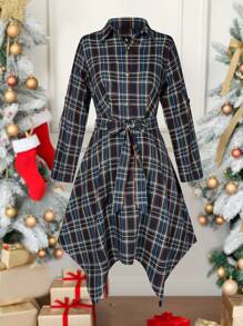 SHEIN LUNE Plus Size Christmas Plaid Asymmetrical Hem Dress - Multicolor - View 1