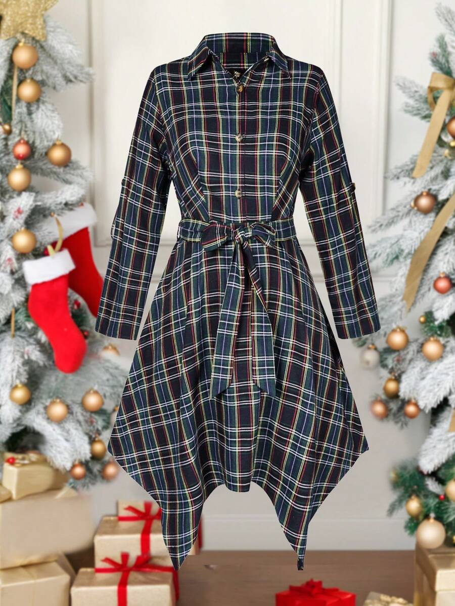 SHEIN LUNE Plus Size Christmas Plaid Asymmetrical Hem Dress - Multicolor - View 1
