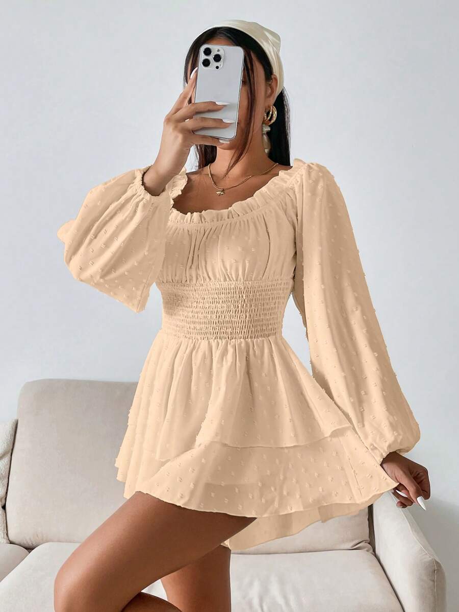 SHEIN VCAY Holiday Casual Solid Color Lantern Sleeve Tie-Waist Off Shoulder Romper - Apricot - View 1