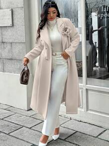 EMERY ROSE Plus Size Elegant Solid Color Overcoat With 3D Floral Decor, Autumn/Winter Fall Cloth For Women