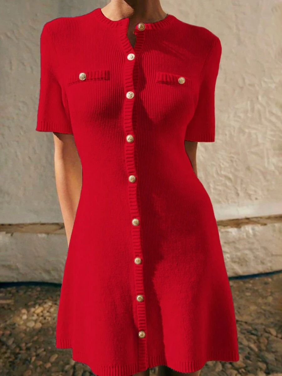 INAWLY 女士纯色前纽扣装饰迷你连衣裙，短袖 - 紅色 - 查看 1