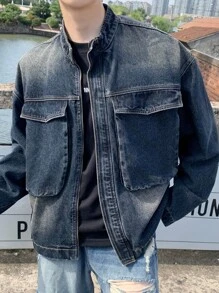 Claim Dot 深蓝色洗水宽松休闲深色牛仔夹克男士外出 - 深色水洗藍 - 查看 4