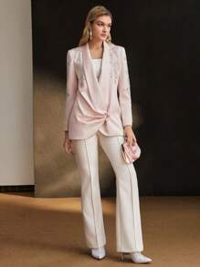 MOTF PREMIUM SHAWL COLLAR RHINESTONE DETAIL RUCHED BLAZER - Pink - View 4