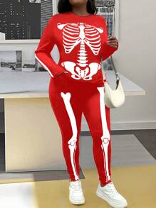 SHEIN LUNE Plus Size 2pcs Women Halloween Outfit, Long Sleeve Leisure Printed Shirt And Pants Set - Red - View 3