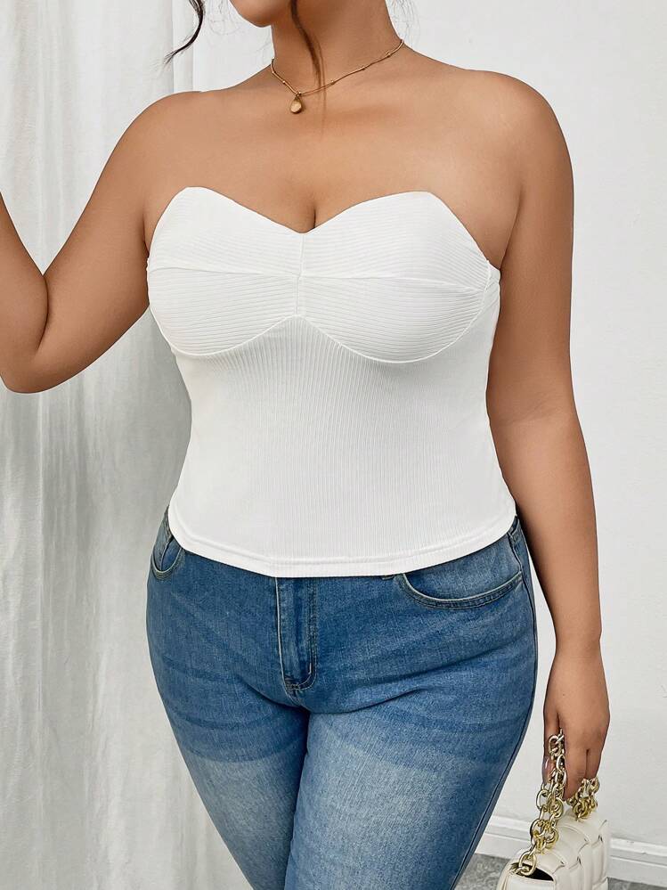 SHEIN Frenchy Camisola sexy ajustada sin tirantes de unicolor de talla grande para mujer - Blanco - Añade 4