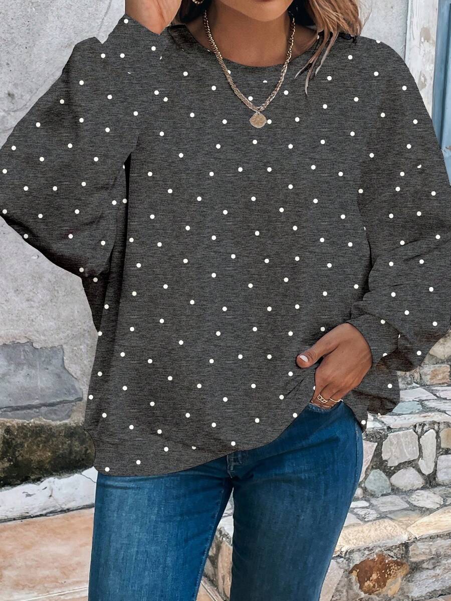 EMERY ROSE 大码女式休闲圆点图案圆领宽松长袖套头运动衫，秋冬 - 深灰色 - 查看 1