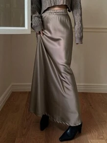 DAZY Váy dài thanh lịch bằng vải satin cho nữ - màu nâu - Xem 7