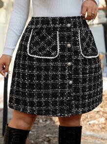 Flirla 加大码女式优雅厚格子开叉下摆半身裙，适合冬季粗花呢女式 - 黑色 - 查看 1