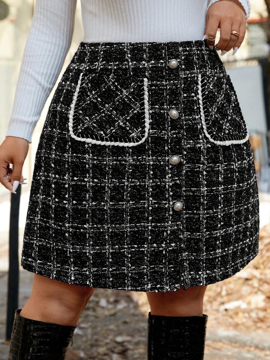 Flirla 加大码女式优雅厚格子开叉下摆半身裙，适合冬季粗花呢女式 - 黑色 - 查看 1