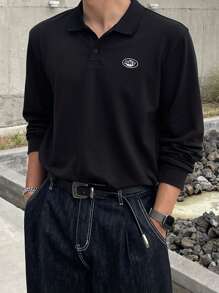 DAZY Men's Casual Long Sleeve Polo Shirt With Label, Black, Autumn Business Attire - Black - View 5