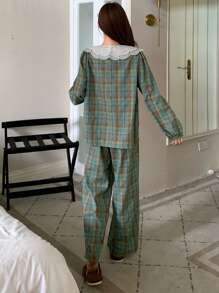 DAZY Cute Plaid Ruffle Collar Lantern Sleeve Loose Pajama Set - Green - View 2