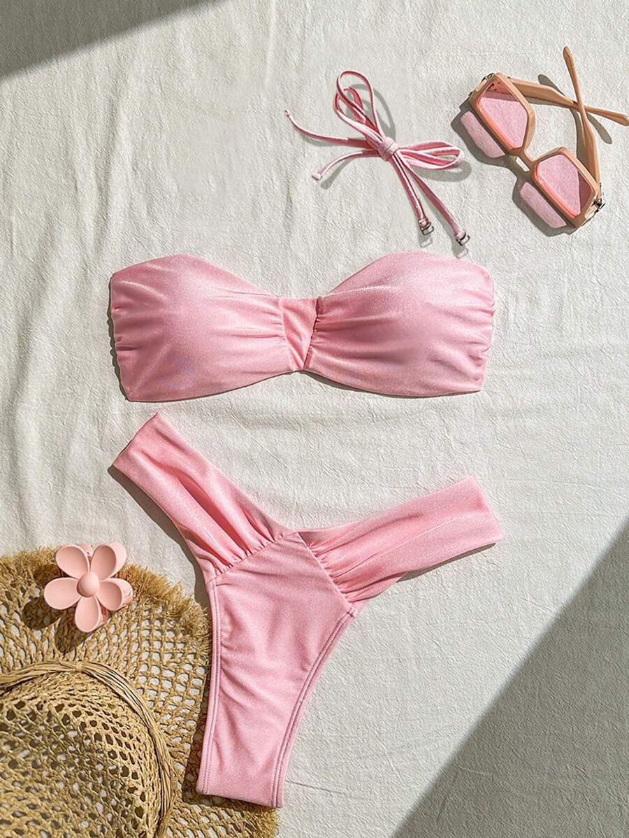 Swim Mod Bikini Set, Pink Spaghetti Strap Crop Top And High Cut Bottom Swimwear Summer - Pink - View 1