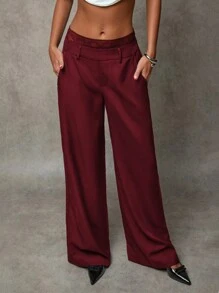 SHEIN BAE Pantalones anchos de cintura baja sueltos con bolsillo, parche de encaje retro, doble cinturilla, aptos para el invierno/otoño, de uso casual/moda al aire libre/versátil casual para mujer, en color negro liso