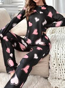 Bộ đồ ngủ tay dài in hình trái tim, đồ mặc ở nhà - Hồng - Xem 1