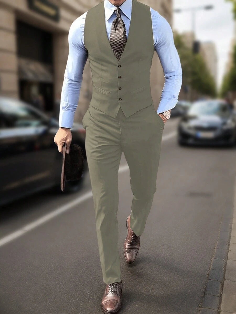 Calvornis Bộ đồ vest nam đơn sắc cài nút phía trước không tay và quần âu thường ngày - xanh quân đội - Xem 1