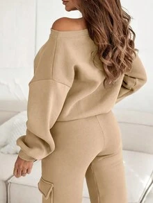 2 件大码套装，简约时尚长袖上衣，带口袋和运动裤