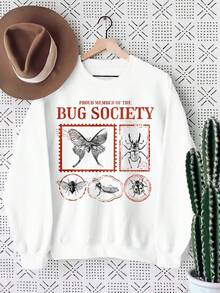 SHEIN LUNE Áo nỉ dài tay cổ tròn in hình côn trùng và chữ cái thường ngày dành cho nữ - trắng - Xem 1