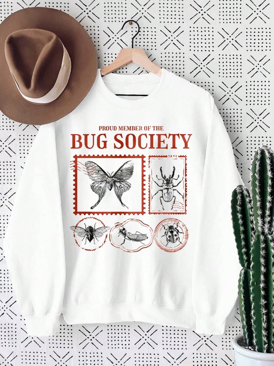 SHEIN LUNE Áo nỉ dài tay cổ tròn in hình côn trùng và chữ cái thường ngày dành cho nữ - trắng - Xem 1