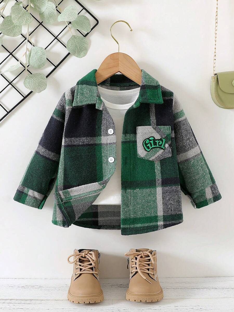 Baby Girl Front Button Long Sleeve Pocket Letter Print Detail Minimalist Jacket - Green - View 1