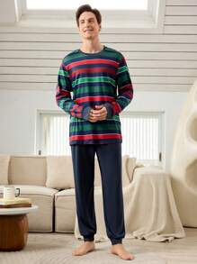 Bộ đồ ngủ sọc nhiều màu cho nam 2 món, áo và quần xanh navy, trang phục mặc ở nhà - Màu xanh hải quân - Xem 3