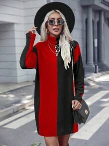 SHEIN Clasi 休闲拼色高领毛衣连衣裙秋冬季新年衣服 - 紅色 - 查看 5