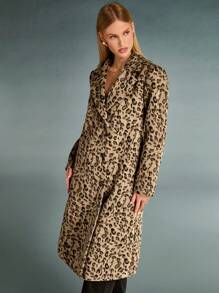SHEIN BAE Women's Leopard Print Lapel Neck Long Sleeve Long Overcoat, Fashion For Autumn