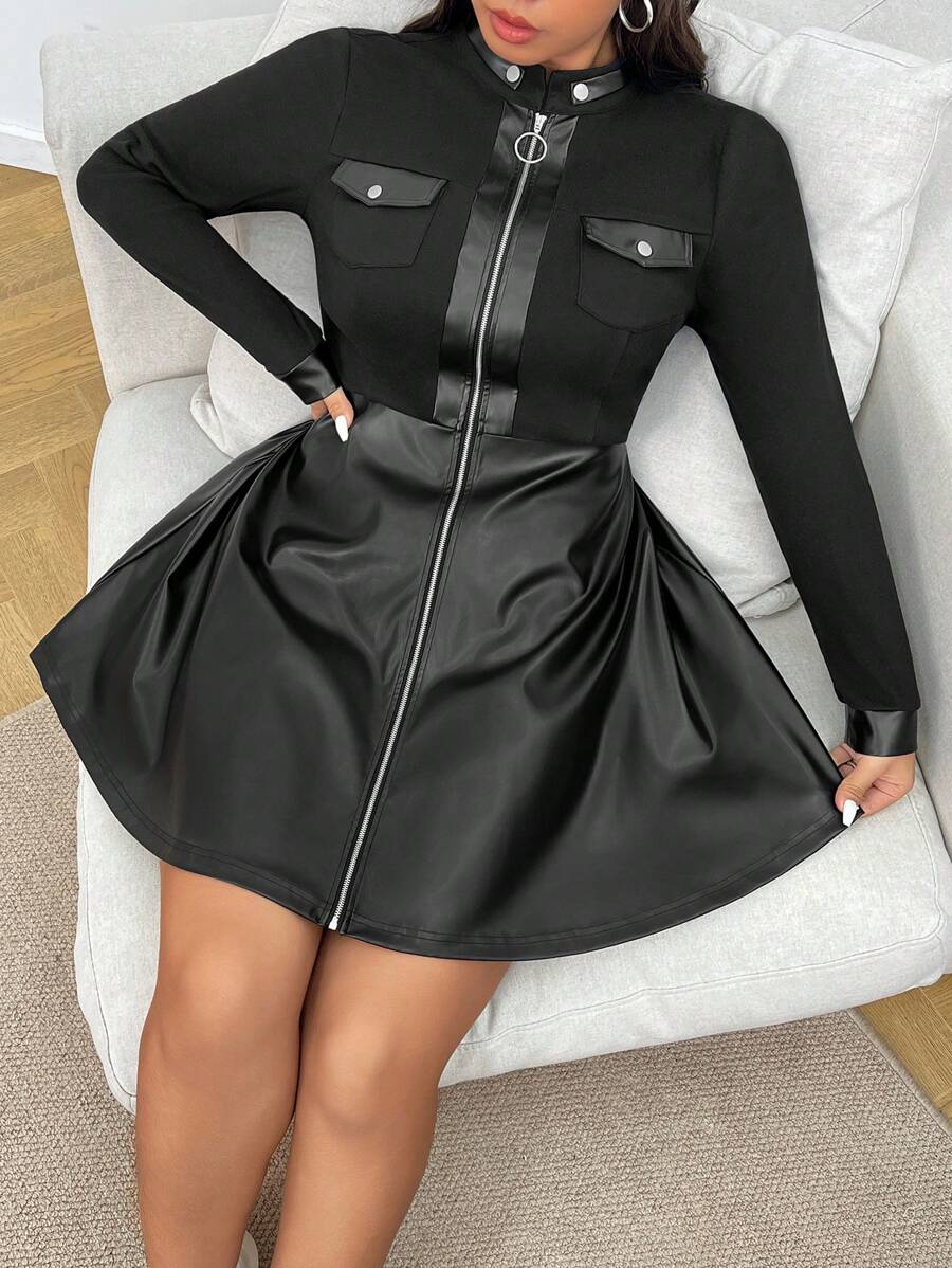 SHEIN EZwear Đầm mini đơn giản tay dài có khóa kéo phía trước cho nữ cỡ lớn - màu đen - Xem 1