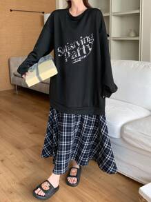 DAZY Piżama z grafiką w kratę i patchworkiem, luźna, na jesień i zimę - Czarne - Zobacz 3