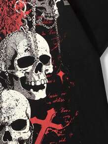 ROMWE MEN Men's Gothic Print Short Sleeve Skeleton T-Shirt Suitable For Daily Wear In Spring And Summer, School - Black - View 3