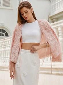 GENKIRA 精致浪漫柔和色调 V 领厚重纹理箱形前系带短款女士夹克 - 粉色 - 查看 1