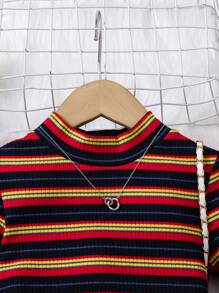 SHEIN Young Girl Casual Colorful Striped Knit Crew Neck Long Sleeve Dress