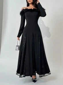 Modelyn 女士毛茸茸露肩长袖简约休闲长裙长款晚礼服 - 黑色 - 查看 3