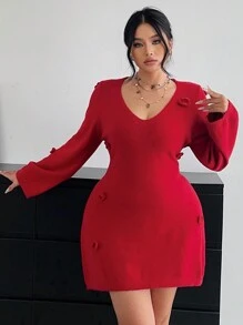 SHEIN Unity 大码纯色纹理花朵装饰毛衣裙，秋冬新品 - 紅色 - 查看 5