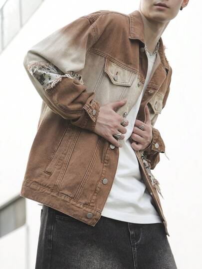 Manfinity EMRG Plus Size Men Casual Distressed Gradient Camouflage Patchwork Denim Jacket, For Party