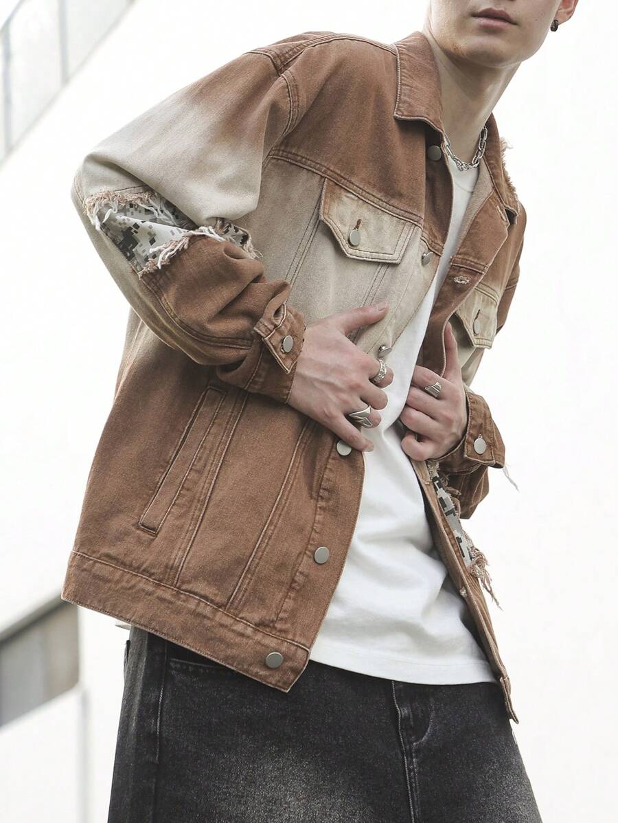 Manfinity Roghcode Plus Size Men Casual Distressed Gradient Camouflage Patchwork Denim Jacket, For Party - Brown - View 1