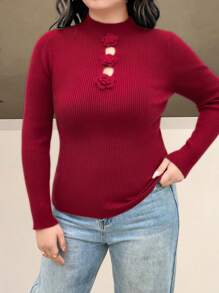 SHEIN Clasi Große Größen Rundhals Langarm Lässig Pullover Sweater mit 3D Blumen Dekor Strickpullover für Herbst und Winter - Rot - Übersicht 3