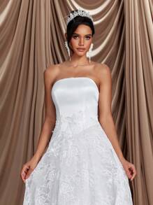 Glamrae 优雅奢华米色露肩缎面拼布亮片蕾丝花卉贴花连衣裙，带拖尾，适合婚礼、派对、单身女士派对、度假、舞会、白色新娘礼服 - 米色 - 查看 2