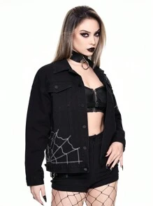 ROMWE Gothic Spider Web Embroidery Loose Straight Denim Jacket For Women - Black - View 1