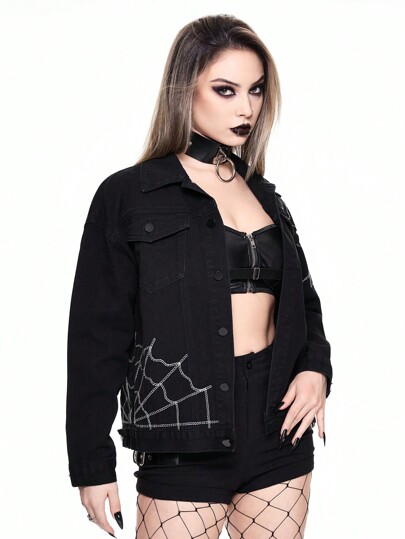 Goth Chaqueta vaquera holgada y recta con bordado de telaraña gótica para mujeres
