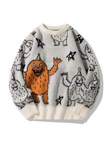 Manfinity Hypemode 男士圆领长袖图案细节彩色套头衫长袖休闲毛衣，适合度假、朋友 - 彩色 - 查看 1