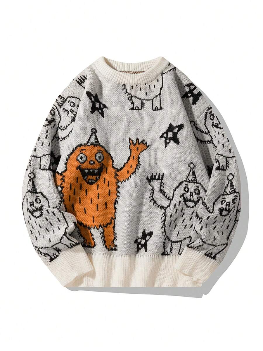 Manfinity Hypemode 男士圆领长袖图案细节彩色套头衫长袖休闲毛衣，适合度假、朋友 - 彩色 - 查看 1