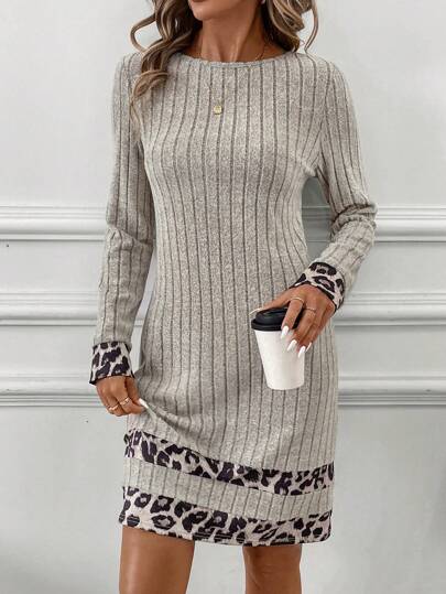 SHEIN Clasi 女士羊毛面料拼布豹纹连衣裙