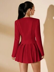 SHEIN BAE 1 件女士优雅纯白色深 V 领、翻领、前扣长袖褶皱连衣裙，夏季