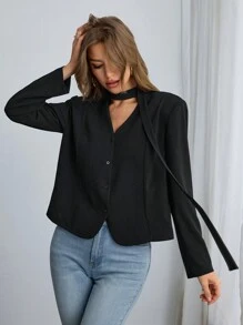 SHEIN EZwear 纯色针织 V 领宽松长袖女式衬衫 - 黑色 - 查看 2