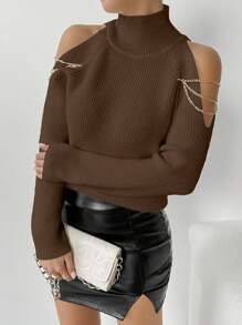 Chiquease Solid Color Turtleneck Hollow Out Long Sleeve Sweater - Coffee Brown - View 3
