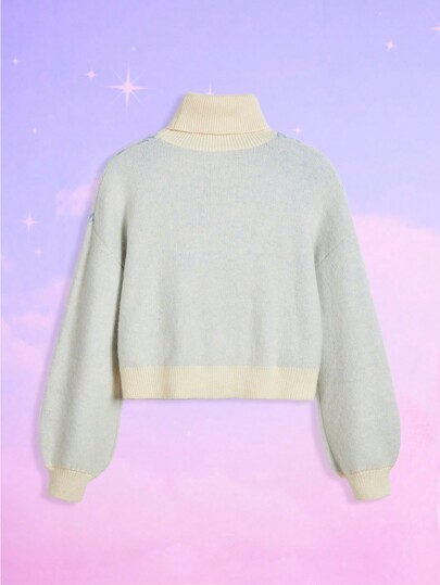 ROMWE X Care Bears Women's Winter Casual Cute Cartoon Bear Embroidery Decor Dropped Shoulder Loose Turtleneck Sweater