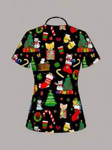 PopScrub 圣诞护士上衣，圣诞树印花口袋短袖 V 领手术服上衣，舒适实用的护士上衣，时尚女式上衣，休闲全印花女式修身制服手术服上衣 - 白色 - 查看 2