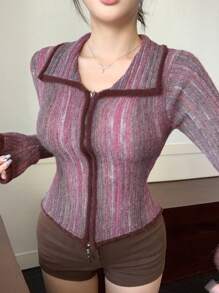 DAZY Women Casual Ombre Color Block Zip Up Fitted Cardigan For Autumn,Fall Women Clothes - Violet Purple - View 3